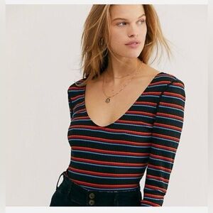 Free People Right On Time Black Red Blue Ribbed Long Sleeve Knit Top XS